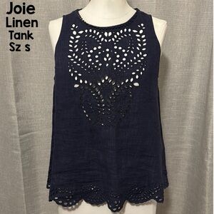Joie Linen Tank Top-Navy Blue-Sz S-Eyelet Detail-Rear Neck Closure